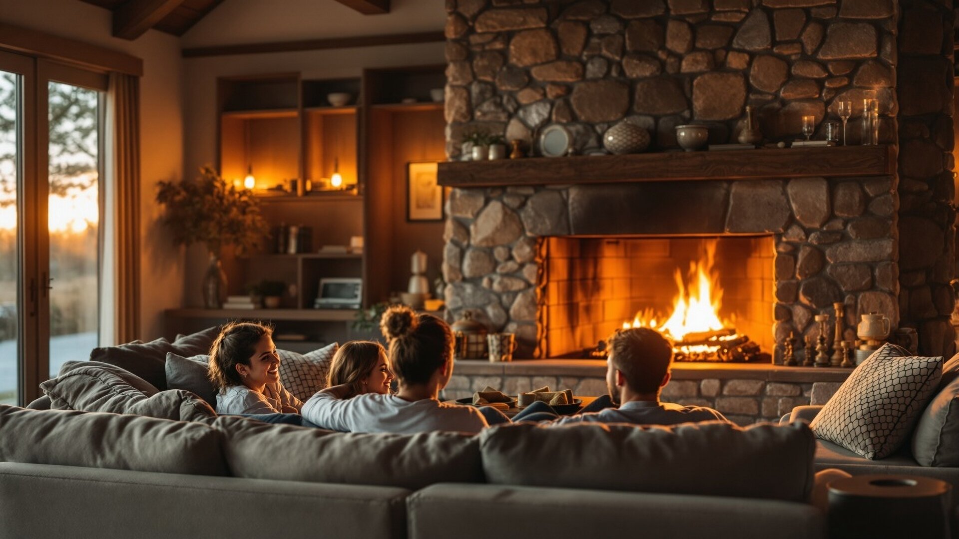Cozy Indianapolis living room with a lit fireplace