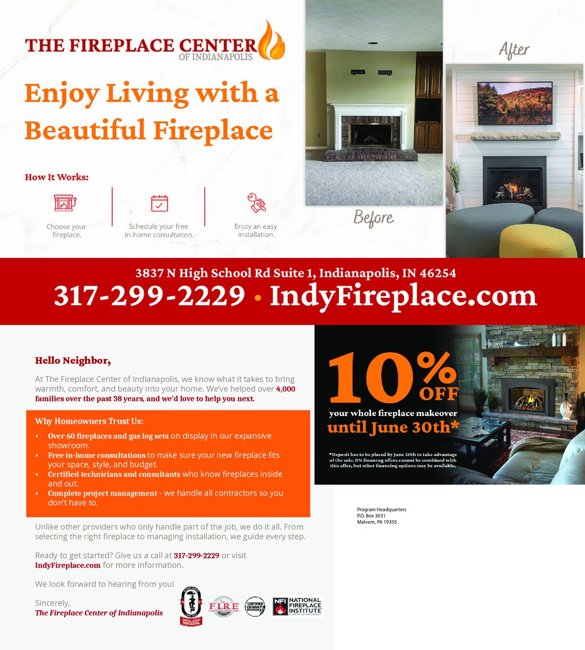 The Fireplace Center of Indianapolis — Enjoy living with a beautiful fireplace. 10% off your whole fireplace makeover until June 30th. Call 317-299-2229 or visit IndyFireplace.com.