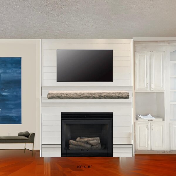 Inspiration—homeowner's AI render of shiplap surround with stone mantel beam, dimensions noted